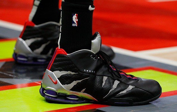 ATLANTA, GEORGIA - MARCH 06:  A view of the shoes worn by Vince Carter #15 of the Atlanta Hawks in the first half against the San Antonio Spurs at State Farm Arena on March 06, 2019 in Atlanta, Georgia.  NOTE TO USER: User expressly acknowledges and agrees that, by downloading and or using this photograph, User is consenting to the terms and conditions of the Getty Images License Agreement.  (Photo by Kevin C.  Cox/Getty Images)