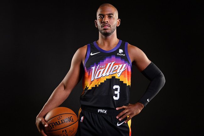 PHOENIX, AZ - DECEMBER 8: Chris Paul #3 of the Phoenix Suns poses for a portrait during content day at the Verizon 5G Performance Center on December 8, 2020 in Phoenix, Arizona. NOTE TO USER: User expressly acknowledges and agrees that, by downloading and or using this Photograph, user is consenting to the terms and conditions of the Getty Images License Agreement. Mandatory Copyright Notice: Copyright 2020 NBAE   Barry Gossage/NBAE via Getty Images/AFP