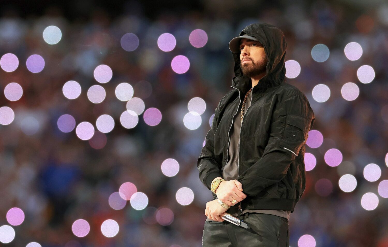 INGLEWOOD, CALIFORNIA - FEBRUARY 13: Eminem performs during the Pepsi Super Bowl LVI Halftime Show at SoFi Stadium on February 13, 2022 in Inglewood, California. (Photo by Kevin C. Cox/Getty Images)