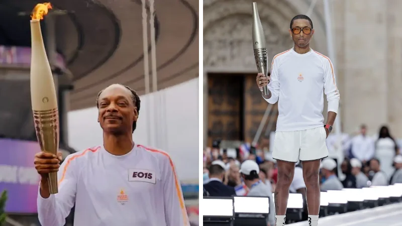 Snoop Dogg e Pharrell Williams carregam tocha olímpicadurante abertura dos Jogos de Paris 2024